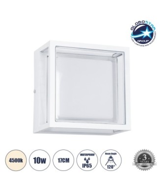 GLOBOSTAR® MAJESTIC 60775 Μοντέρνο Φωτιστικό Τοίχου - Απλίκα LED 10W 1050lm 120° AC 220-240V Αδιάβροχο IP65 Φυσικό Λευκό 4500K - Bridgelux SMD Chip - Λευκό Ματ - Μ17 x Π17 x Υ9cm - 3 Χρόνια Εγγύηση
